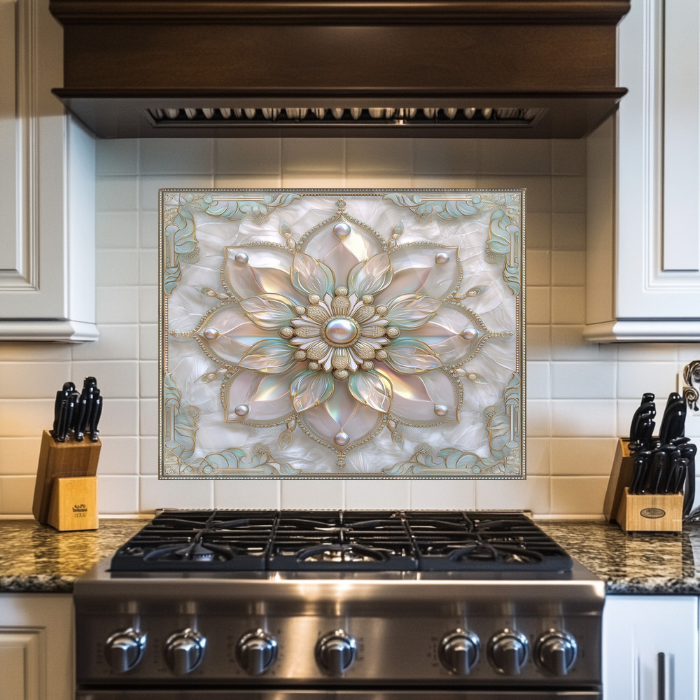 Pearl Look Tempered Glass Kitchen Wall Panel | Elegant Kitchen Decor