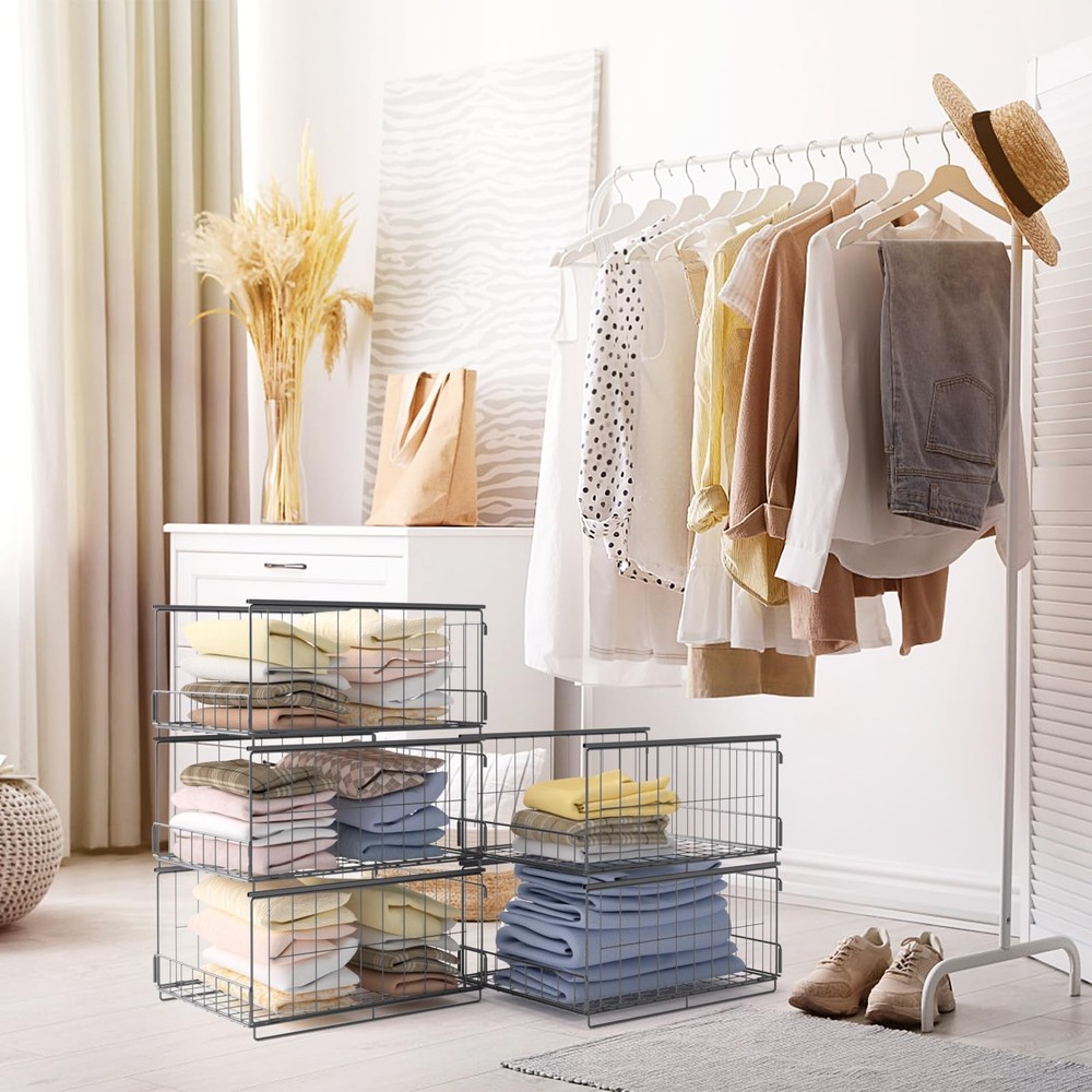 4-Tier Stackable Closet Storage Bins Foldable Organizer Shelves for Wardrobe,...