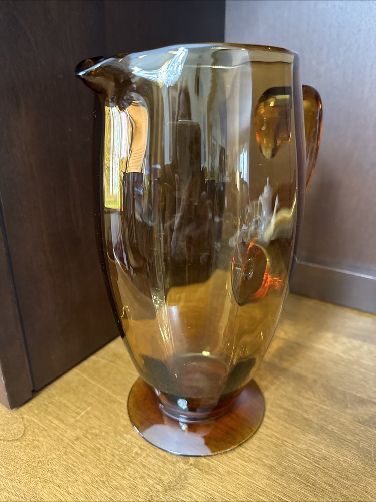Glass Handled Pitcher Amber Honey Optic Panel 9.5”