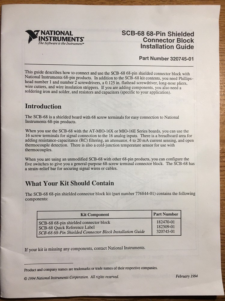 INSTALLATION GUIDE ONLY | National Instruments SCB-68 Shielded Connector Block