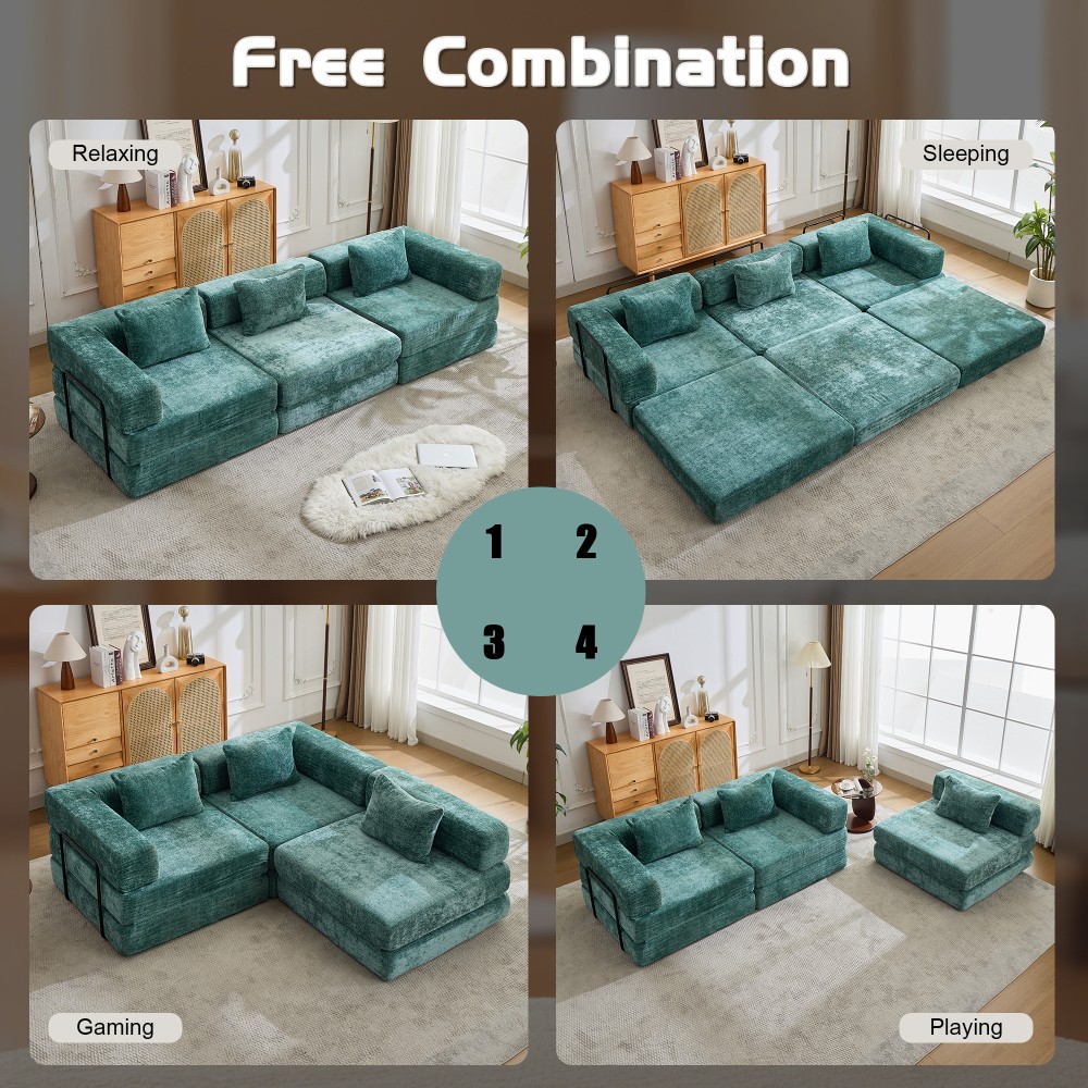 Convertible Floor Sofa Bed w/ Fixed Frame, Chenille Fabric, Dark Green