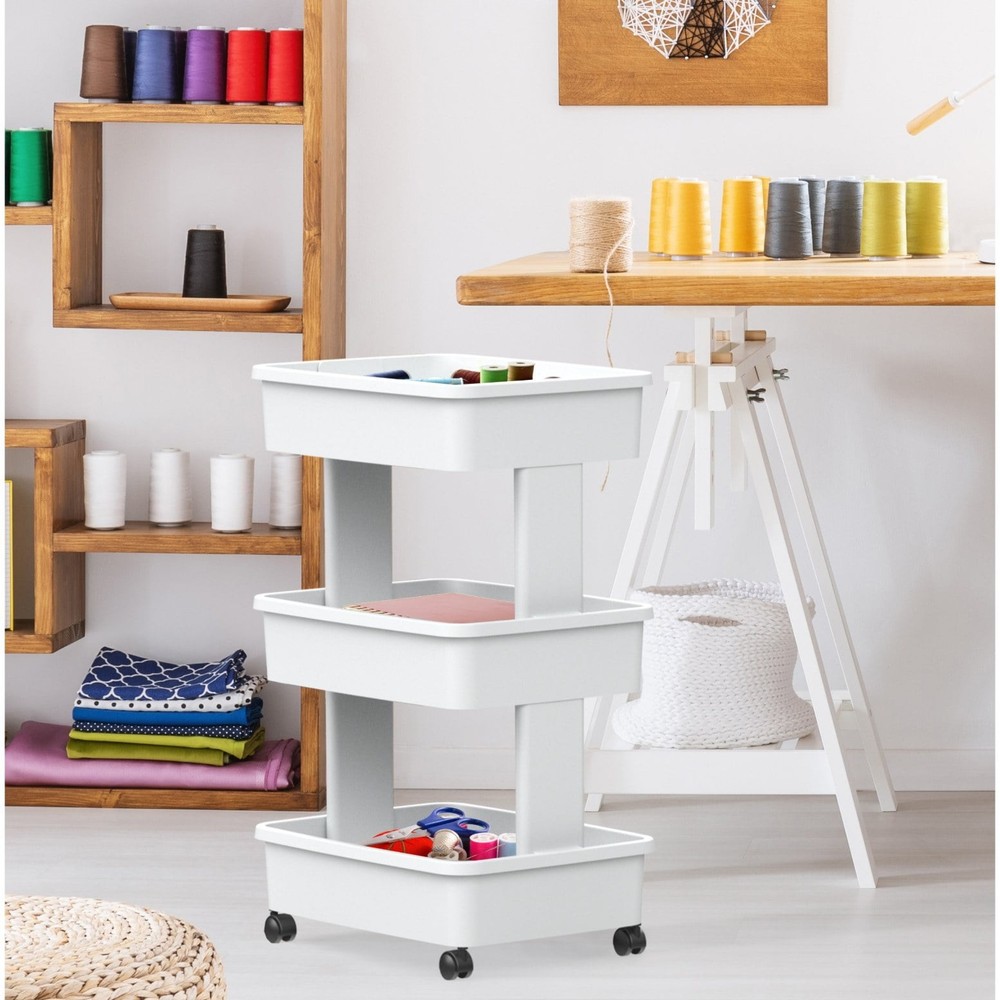 Arctic White 3-Tier Plastic Cart - Multipurpose, Rolling Design for Laundry