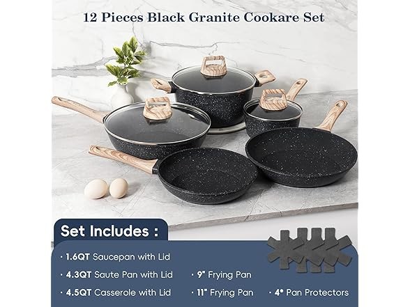 12 Pcs Nonstick Pots and Pans Set Black