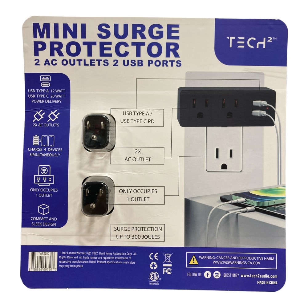 Tech2 Mini Surge Protector 2 A/C Outlets and 2 USB Ports, 2pk