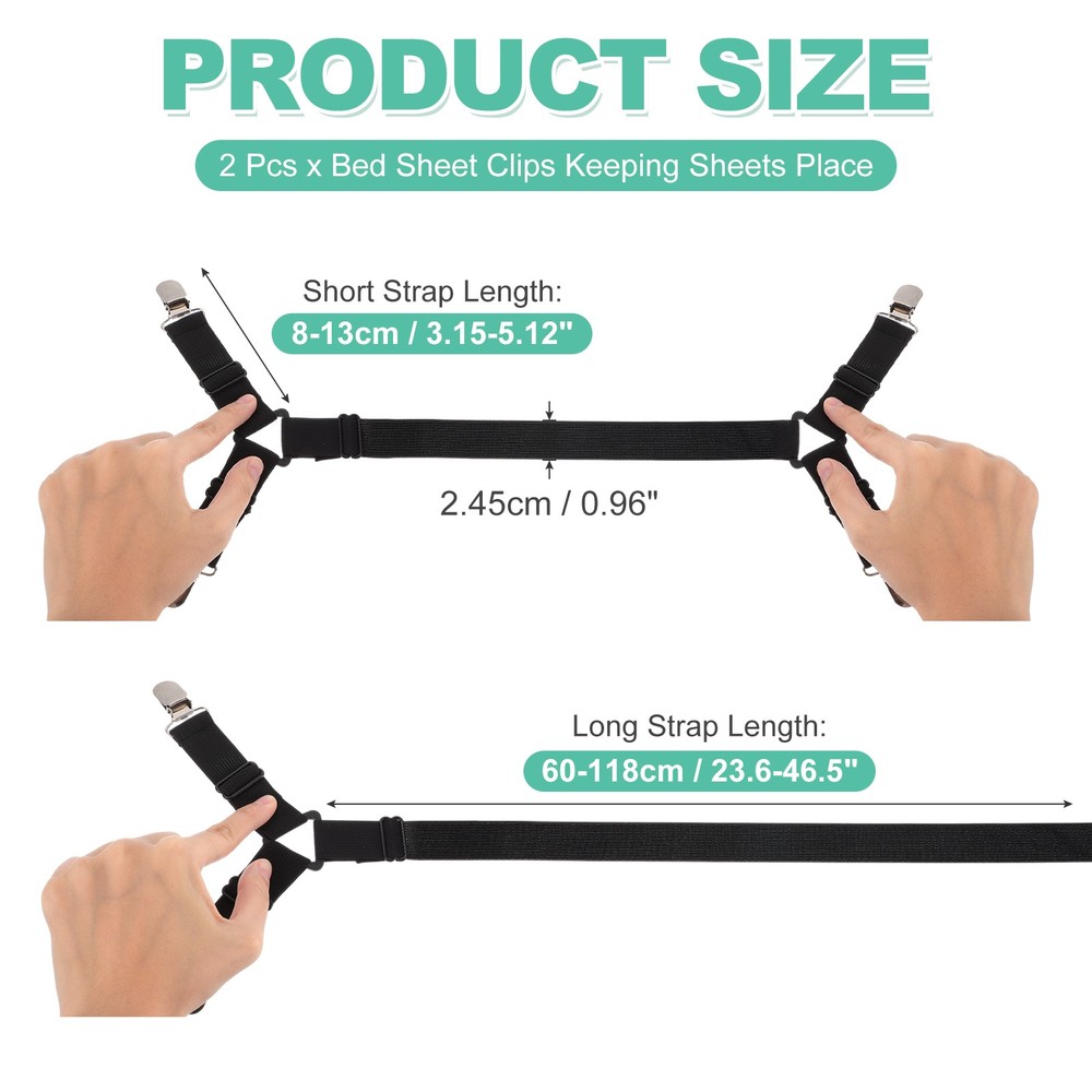 2Pcs Bed Sheet Holder Straps Elastic Adjustable 2 Way Cross 4 Clips, Black