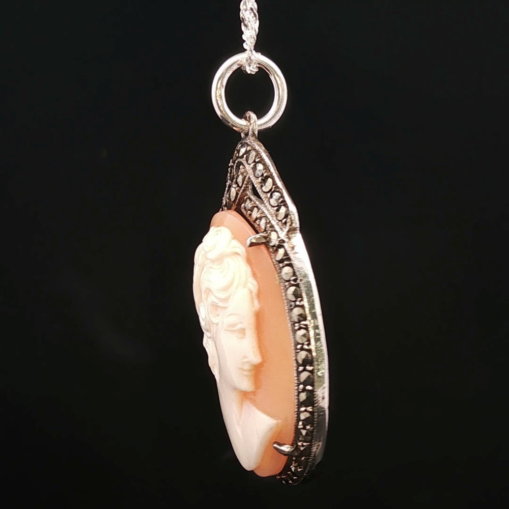 Graceful Charm – Silver Marcasite & Shell Cameo Pendant