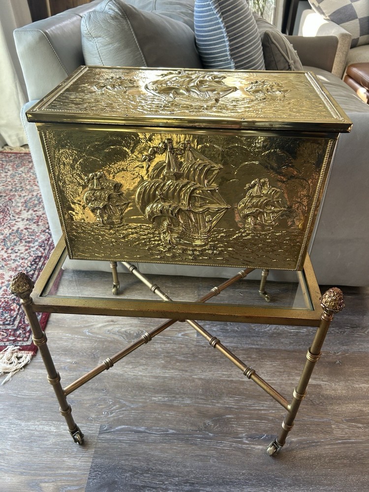 Brass-clad coal box w/embossed sailing ship motif