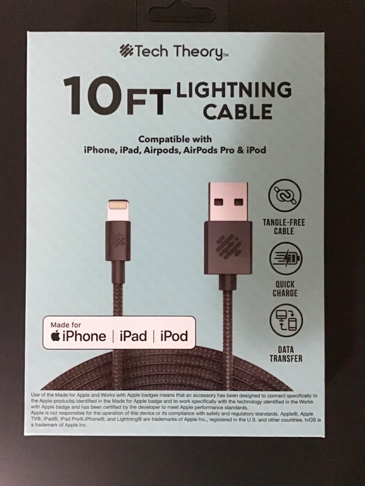 NEW Tech Theory 10ft Cable Compatible with iPhone, iPad, iPod-Charge/Transfer