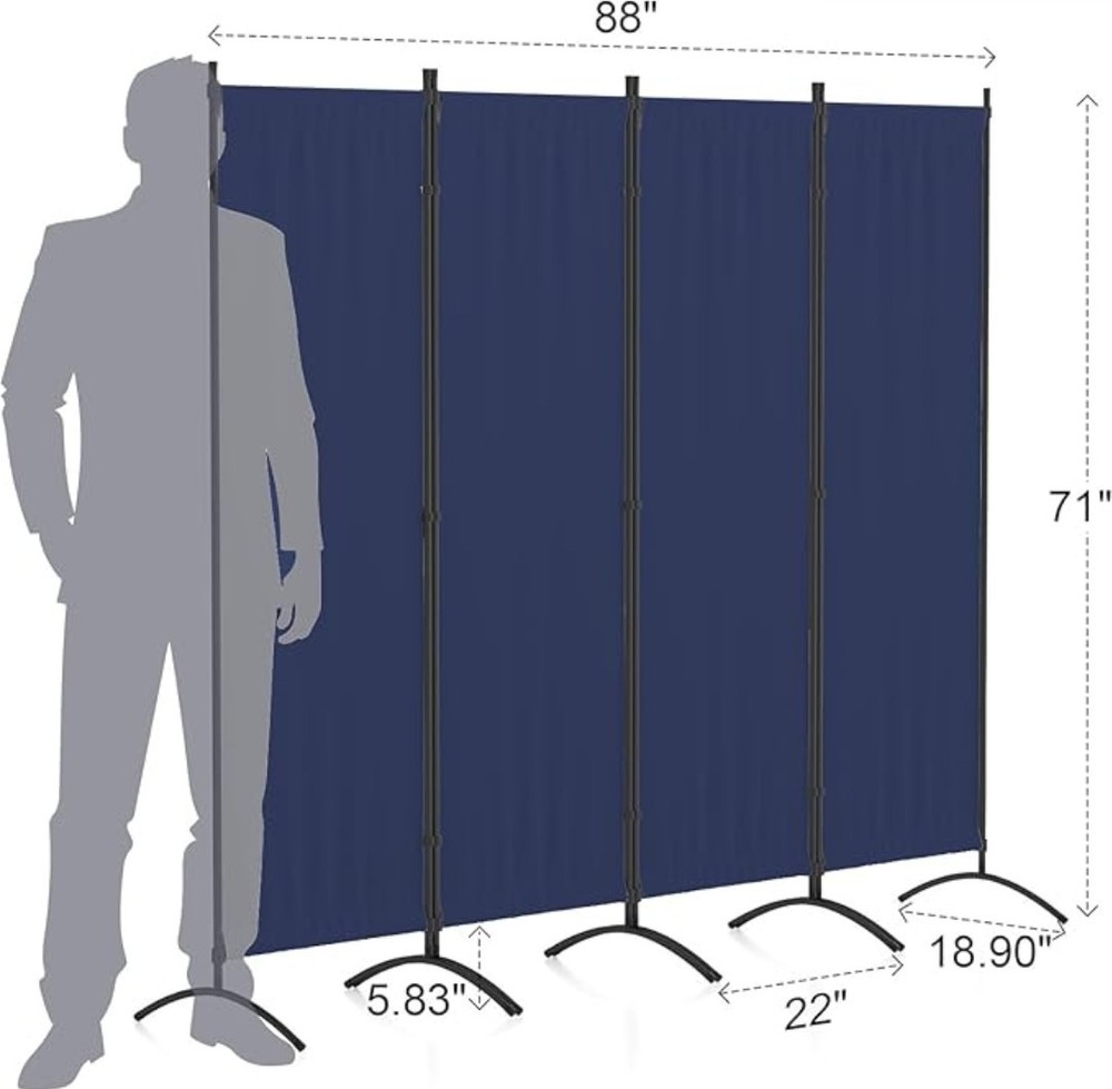 4 Panel Blue Room Divider With 5 Shoes For Stability