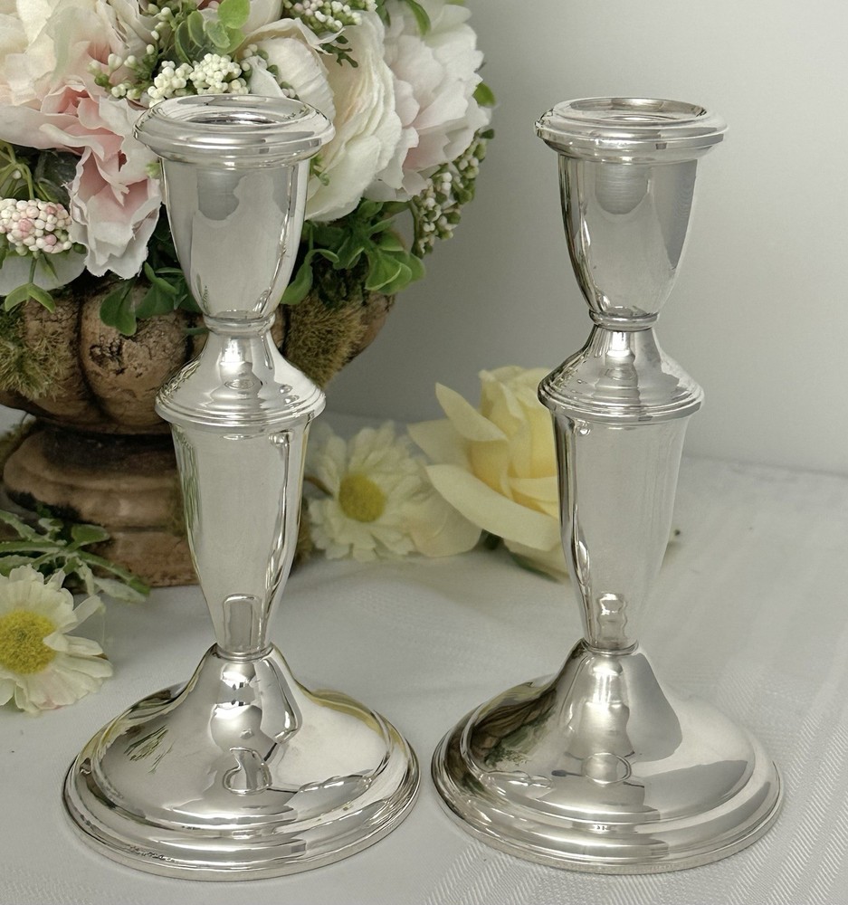 Sterling Silver Empire Candlesticks Pair Vintage Console Taper Holders