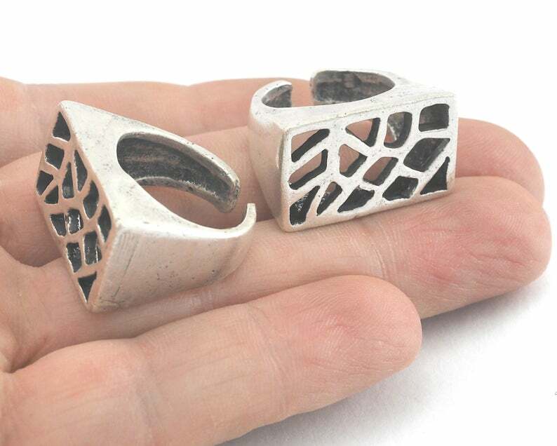 Rectangle Ring Signet Antique Silver Plated Brass Adjustable 6US Statement Ring