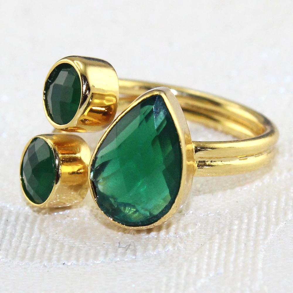 Double Layer Chalcedony Multi-Color Hydro Quartz 24k Gold Plated Adjustable Ring