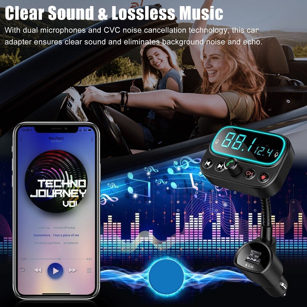 Bluetooth 5.0 Car Wireless FM Transmitter Adapter USB PD Charger Hands-Free