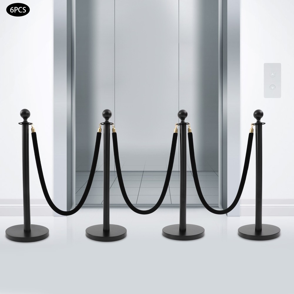 6Pcs Black Stanchion Posts Queue Pole Ropes Crowd Control Barrier Stanchion