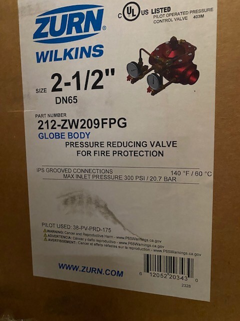 ZURN 212-ZW209FPG 2-1/2"" Pressure Reducing Valve For Fire Protection  (NEW)