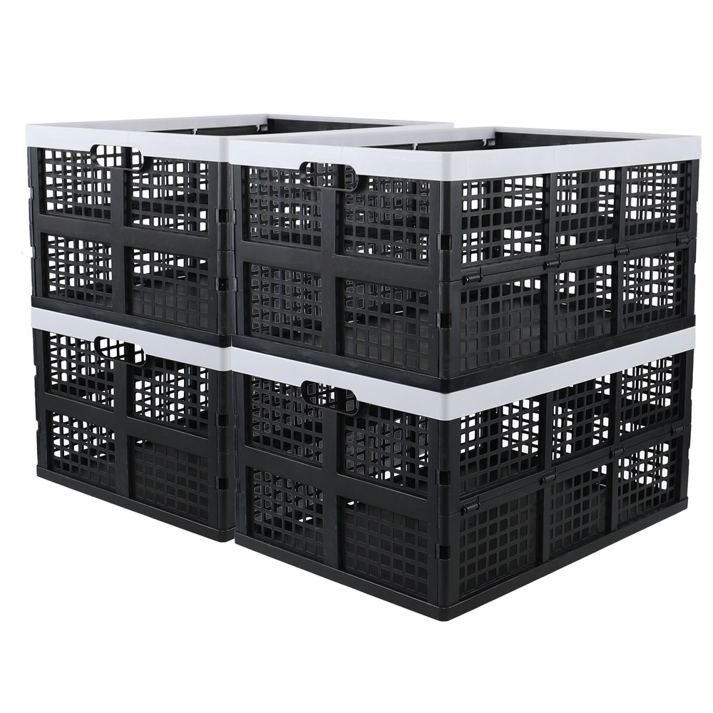 Knifefish Set of 4 Large Folding Stackable Storage Crate, 66 L, Black