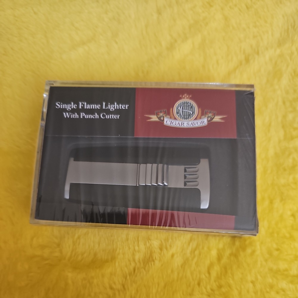 Cigar Savor Single Flame Lighter with Punch Cutter Silver NEW