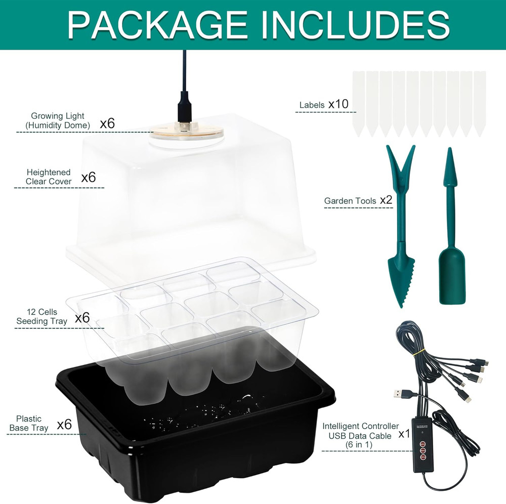 6-Set Seed Starter Tray with Grow Light, Seed Starting Trays Kits