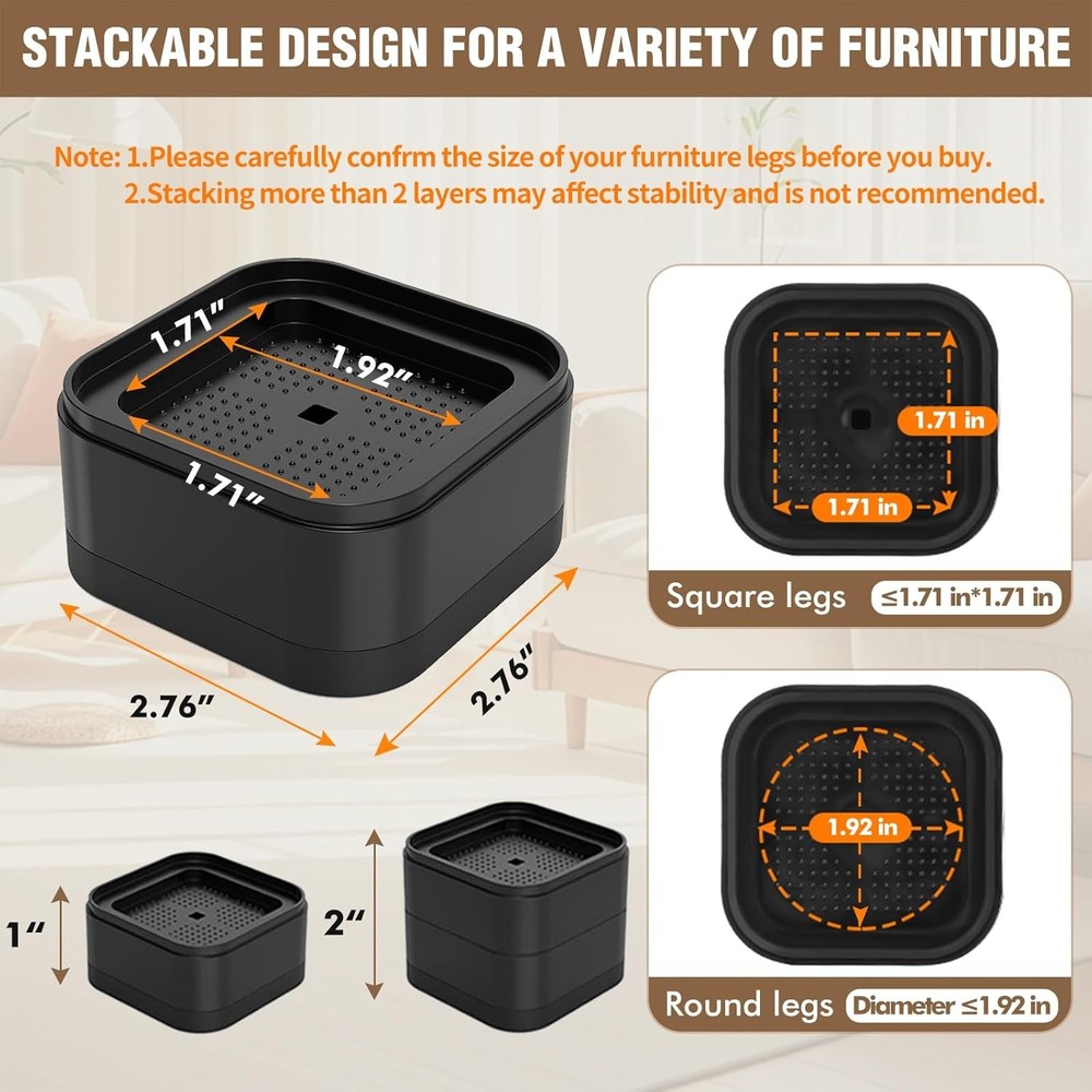 8 Pack Adjustable Furniture Risers 1-2" Heavy Duty Stackable Black