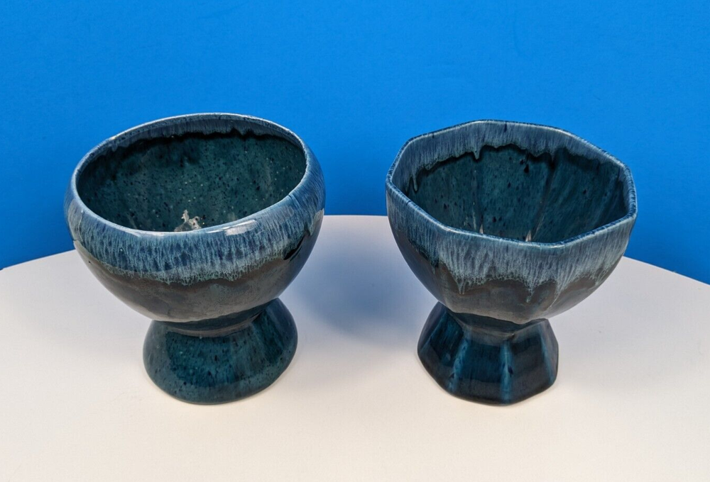 Blue Drizzle Planter Art Pottery Holders Stonewashed Glazed Pedestal Pair