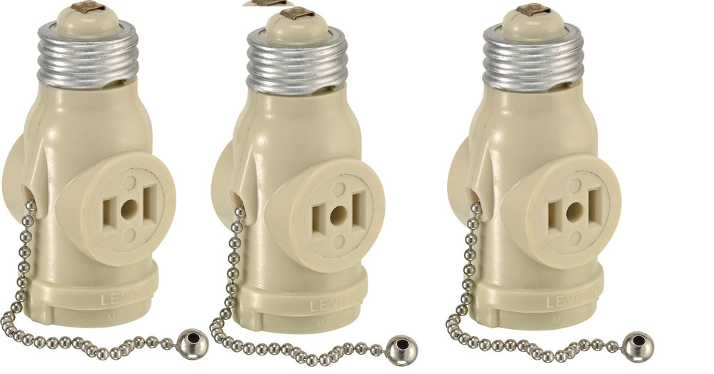 3 pack Leviton Pull Chain Socket w/Outlets 660 watts 125 volts Medium Ivory