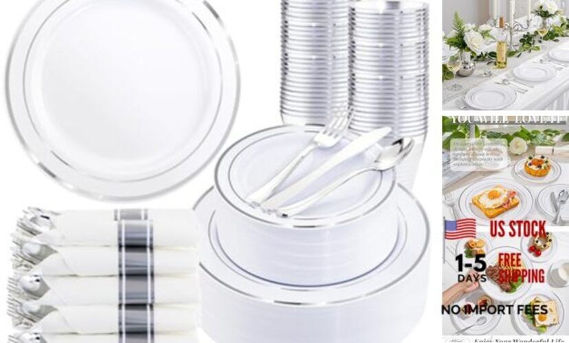 350Piece Silver Plastic Dinnerware Set for 50 Guests - 350PCS White and Silver