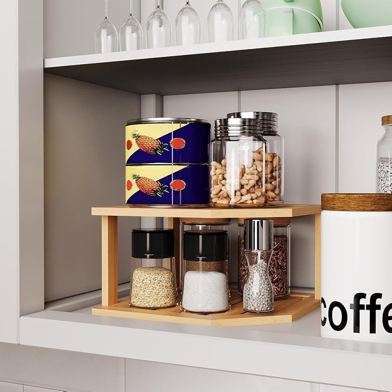 Bamboo Plate Organizer Adjustable Kitchen Corner Shelf Durable Dish Rack Storage