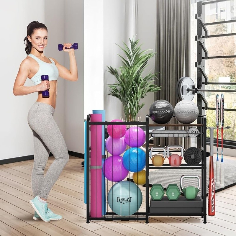 Sports Ball Storage Rack W/ Pull-Out Basket Multi-Function Hooks Organizer Black