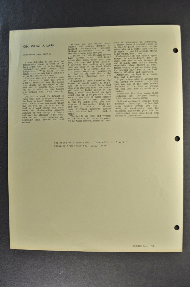 1959 Studebaker Lark Road Test Brochure Folder Nice Original 59 Australia