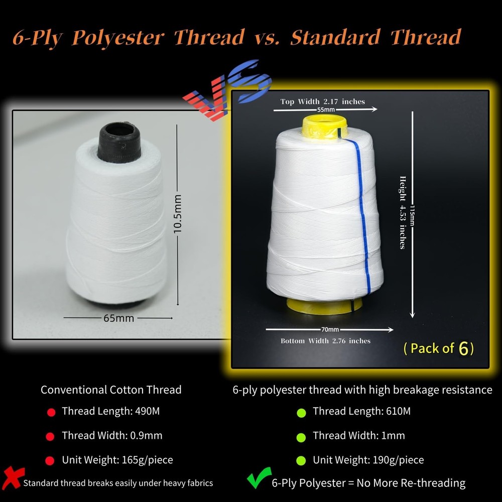 Heavy Duty Bag Sewing Machine Thread｜6-Ply Industrial Polyester Thread, 6