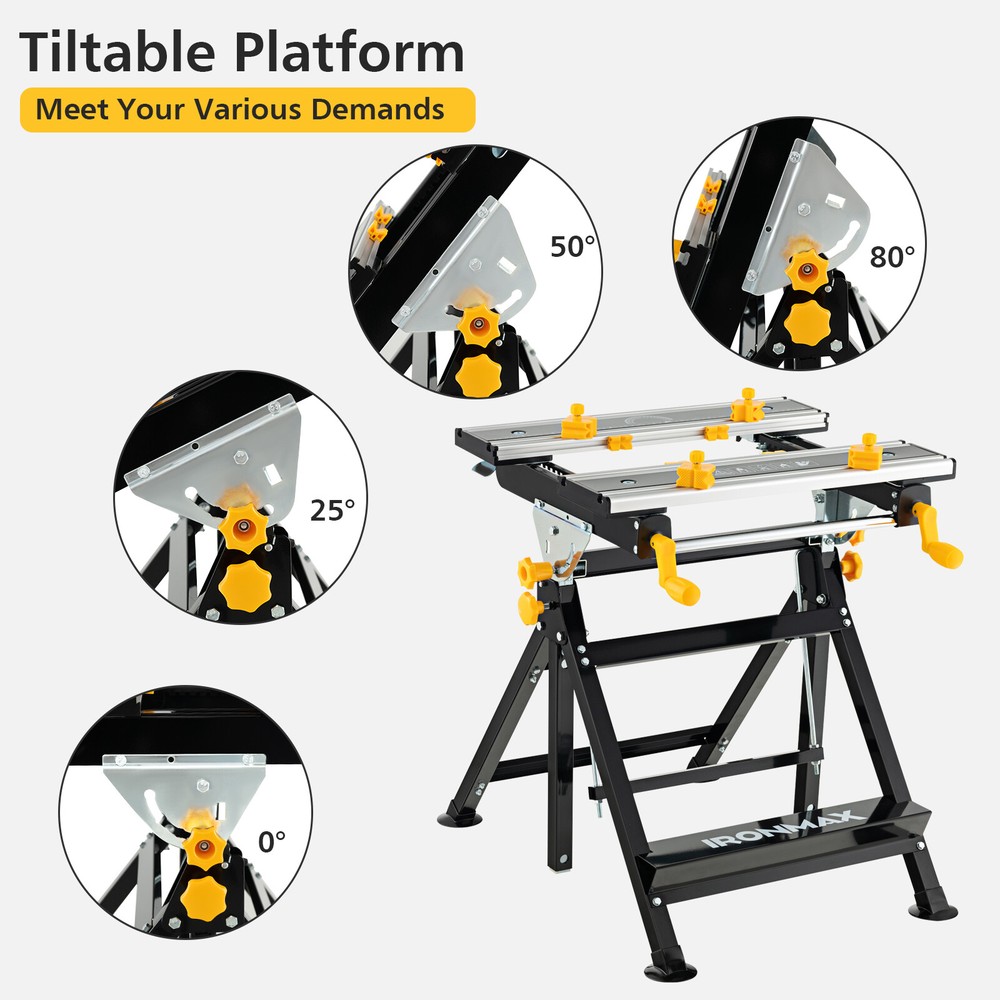 Folding Portable Workbench Work Table W/ Adjustable Height & Tiltable Platform