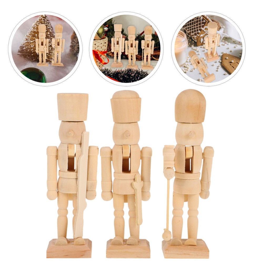 3 Pcs Large Paintable Nutcracker Unpainted Blank Ornaments Puppets DIY