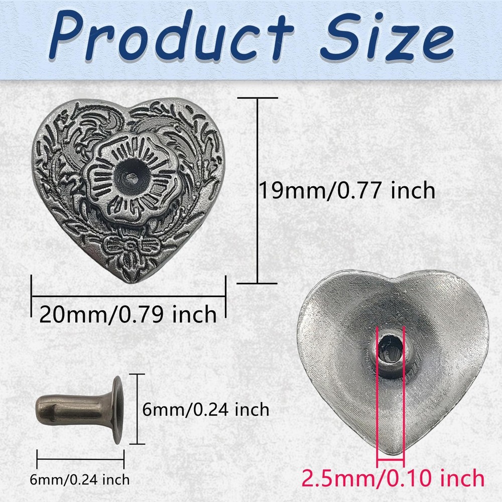 Mingchen Silver Heart Pattern Buttons, Love Heart Rivets, Retro Carving Textu...