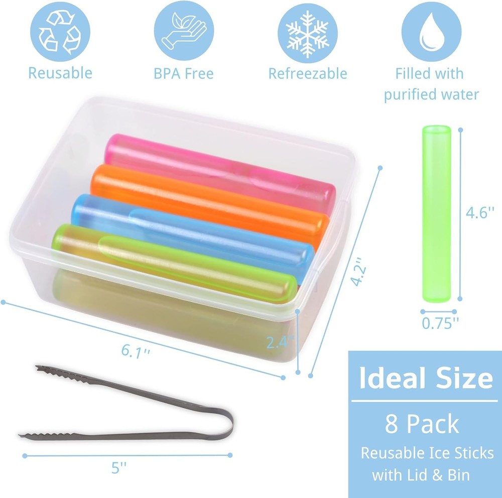 Reusable Ice Cube with Lid and Bin, 8 Pack Plastic Cubes 8 Pack, Sticks