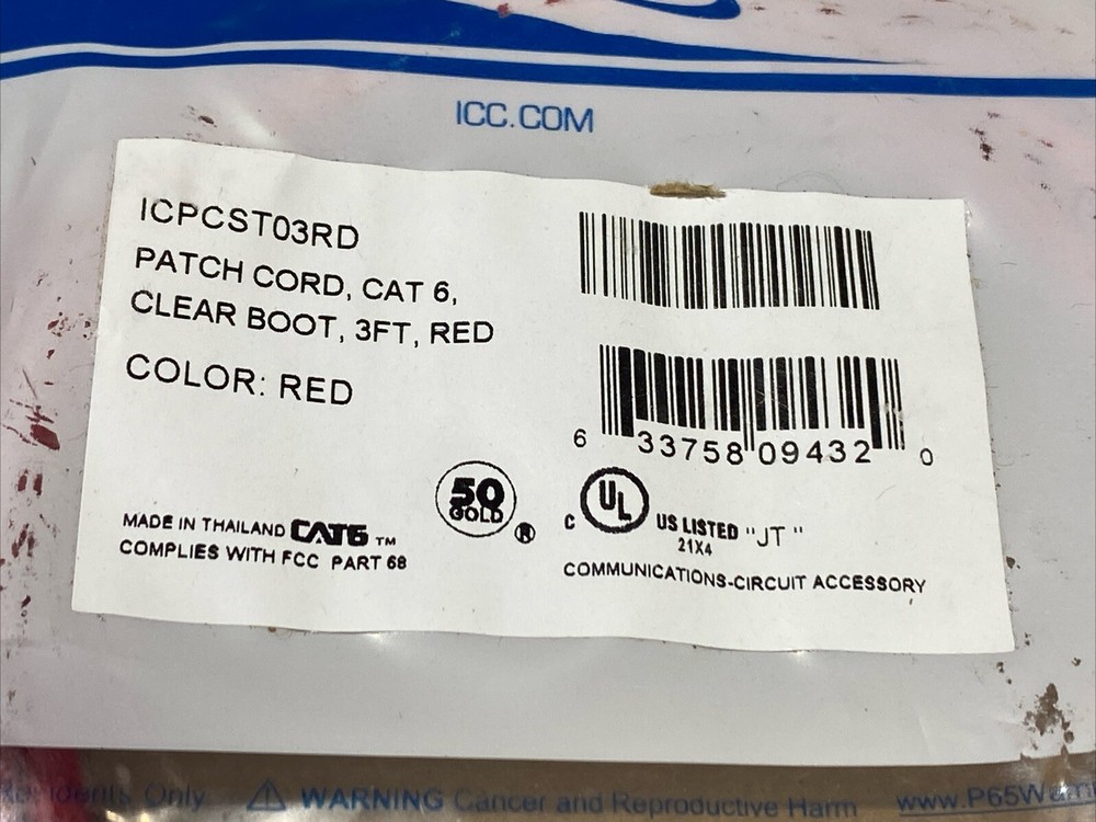 ICC ICPCST03RD CAT6 Clear Boot Patch Cord - 3 ft Red New