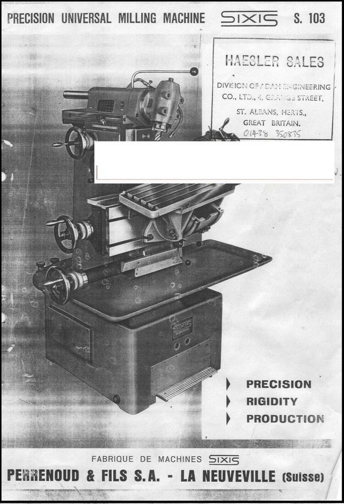 Operator Manual Fits Sixis S 103 Precision Universal Milling Machine