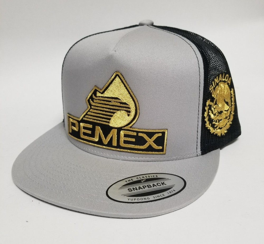 PEMEX SINALOA   HAT SILVER BLACK 2LOGOS  MESH TRUCKER SNAP BACK ADJUST  NEW