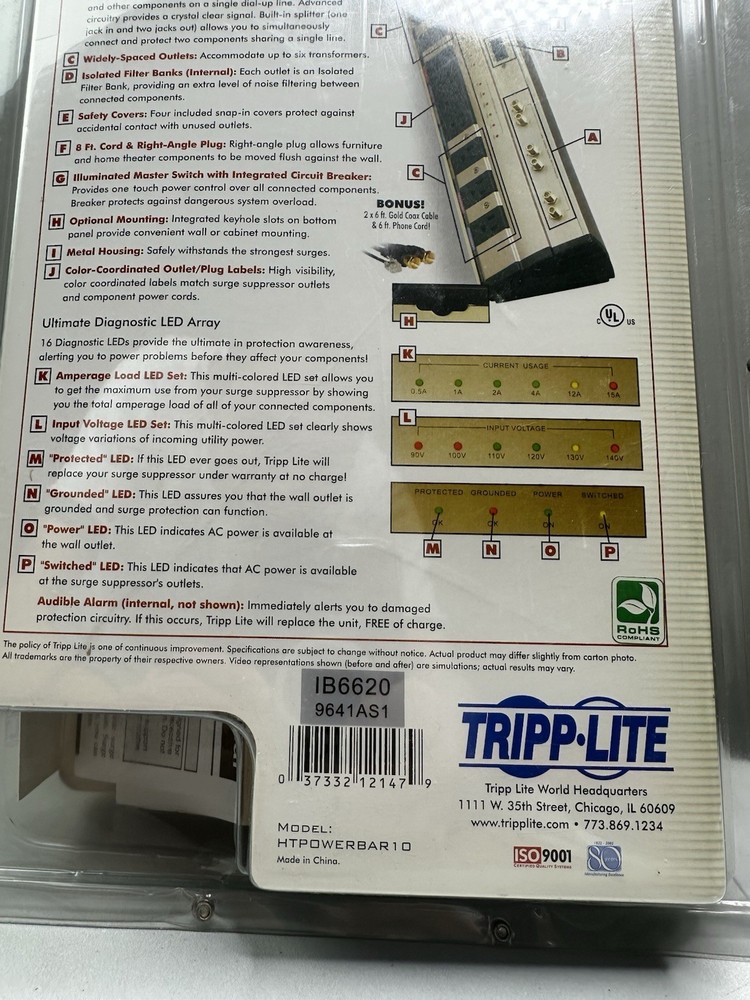 New Tripp-Lite HTPOWERBAR10 Transient Voltage Surge Suppressor Protector