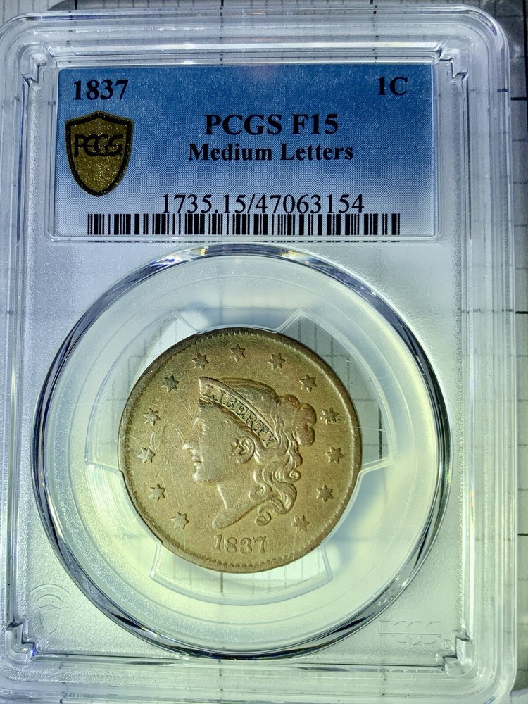 1837 CORONET HEAD -LARGE CENT- RARE -PCGS GOLD LABEL- medium Letters