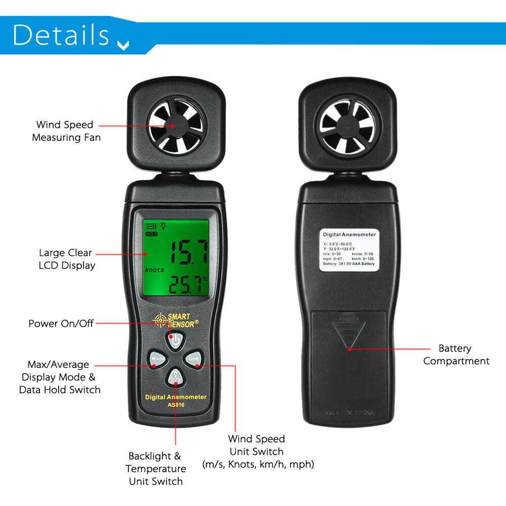 SMART SENSOR Mini Anemometer LCD Digital Wind Speed Meter Air Velocity A8M4