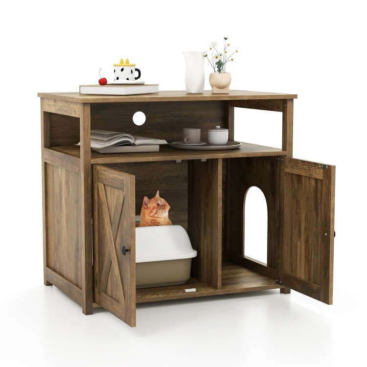 Cat Litter Box Enclosure Entry Box Barn Doors Side Table Divider W/Storage Shelf