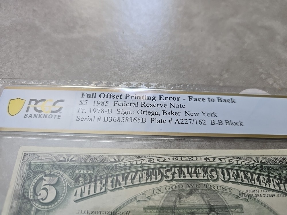 1985 5 dollar bill Miscut ERROR