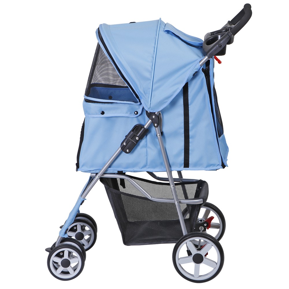4 Wheel Pet Stroller Foldable Dog Stroller Cat Stroller with Storage Basket Blue