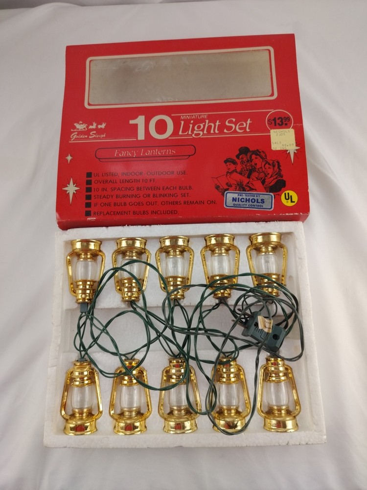 Vtg Gold Lanterns 10 Miniature Blinking Light Set w Box  Read