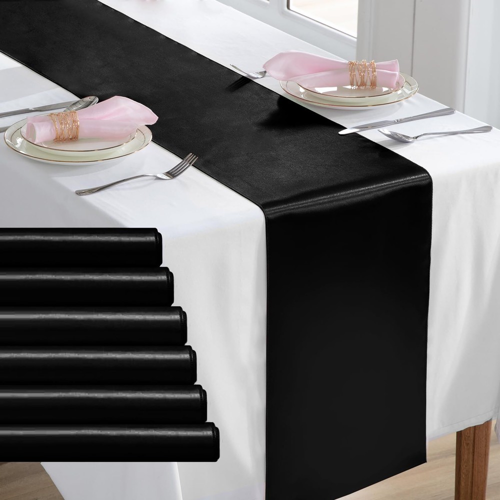 6 Pack Black Table Runners 12 x 108 Inch Rectangular Smooth Satin Silk Table ...