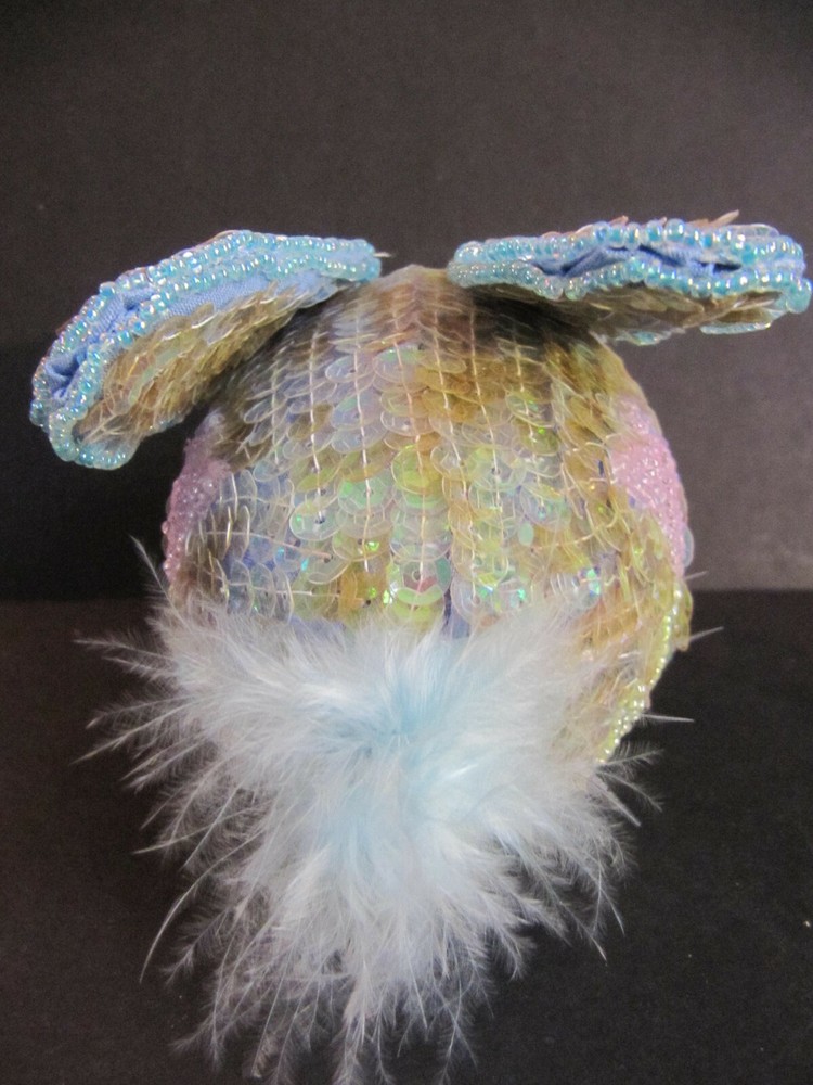 Sequin Beaded Easter GREEN Bunny Rabbit Egg Trinket Box Candy Container
