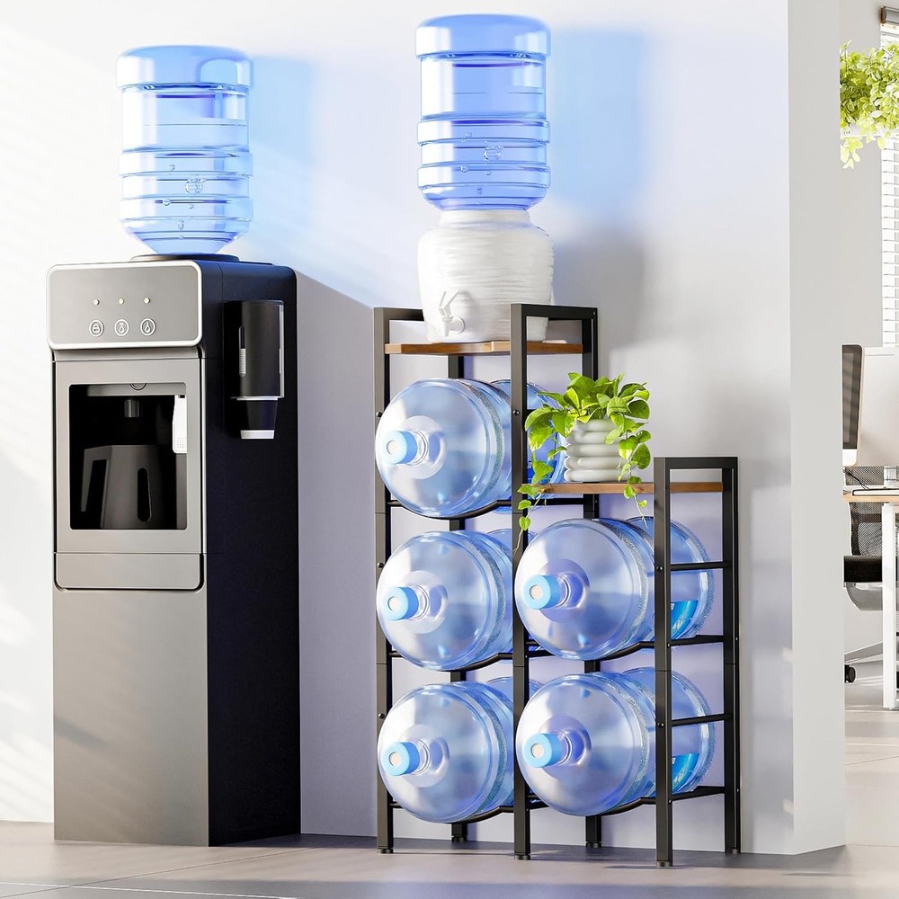 HOOBRO 5 Gallon Water Jug Holder 3 Tier Water Jug Rack with Wooden Top Shelves