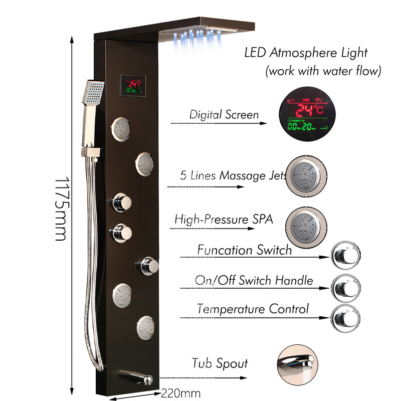 Black Bathroom Shower Panel Column Faucet System Mixer LED Wall Mounted Taps