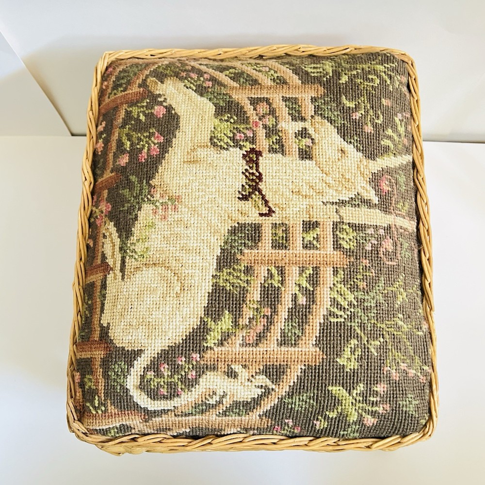 Vintage Wicker Footstool Needlepoint With Enchanted Forest Unicorn Design