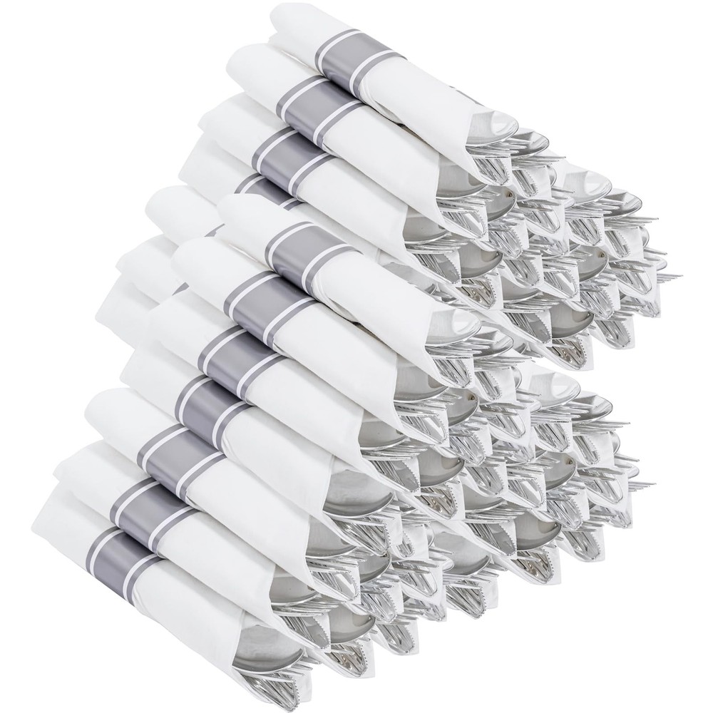 400PCS Pre Rolled Silver Plastic Silverware Sets - Heavy Duty Silver Cutlery ...